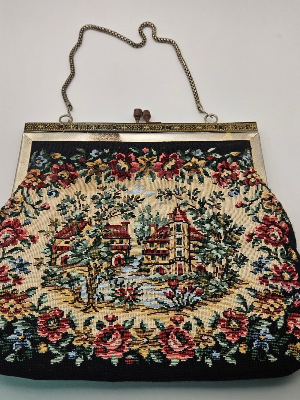 Vintage Petit Point Tapestry Purse Cottage Floral Rose Kiss Lock Chain Handbag
